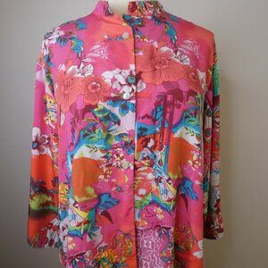 Natori Women's M Floral Asian Print Cheongsam Style Top Pink & Red 3/4 Sleeve